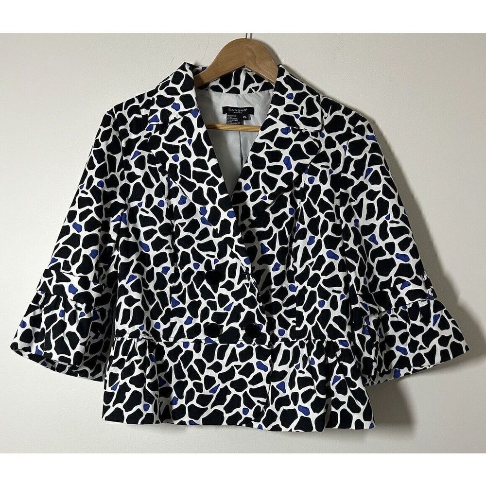 SANDRO Black & Blue Lined Jacket Women's Size Petite Large 3/4 Sleeve